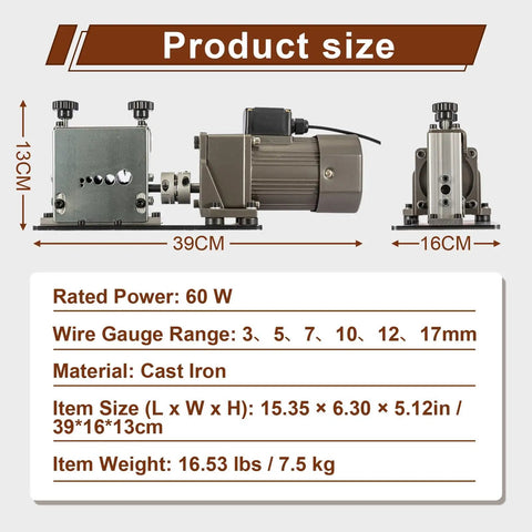 Beefy 60W Electric Wire Stripping Machine dimensions and specifications for 3-17mm wires, showing product size and material details.