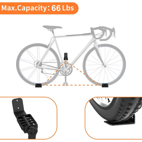 Two Pack Bike Pedal Hanger Wall Mount, Heavy Duty Horizontal Bike Rack For Garage Wall, diagram with max capacity 66 lbs