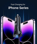 Heavy Duty iPhone Car Charger Featuring Coiled Lightning Cable And Extra Usb Dock MFi Certified Rapid Power Adapter For iPhone 15 14 13 12 11 Xr Xs Max 8 Plus iPad with charging cable and iPhone displayed.