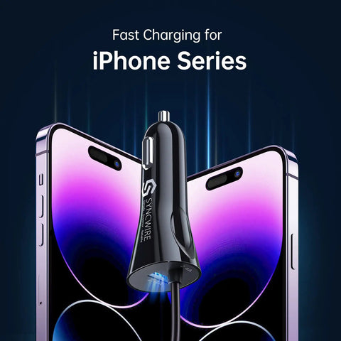 Heavy Duty iPhone Car Charger Featuring Coiled Lightning Cable And Extra Usb Dock MFi Certified Rapid Power Adapter For iPhone 15 14 13 12 11 Xr Xs Max 8 Plus iPad with charging cable and iPhone displayed.