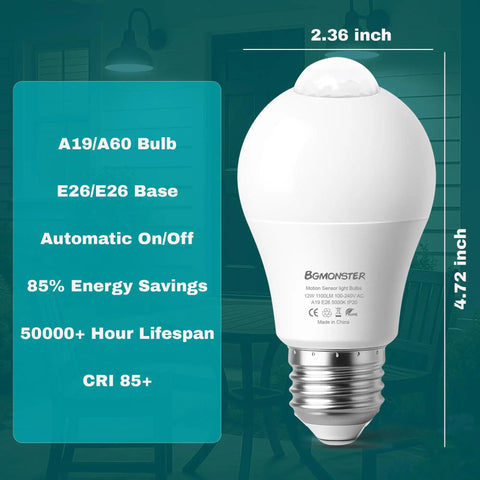 4 Pack Motion Sensor LED Light Bulbs 12W 100W Equivalent Auto On Off Indoor Outdoor Dusk Till Dawn Security Lighting For Porch Garage Basement Hallway Stairs, A19 bulb