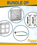 All In One 4x4 Metal Outlet Box Kit With Two Tamper Resistant 20 Amp Duplex Receptacles, 4x4 Cover, Sixteen Knockouts