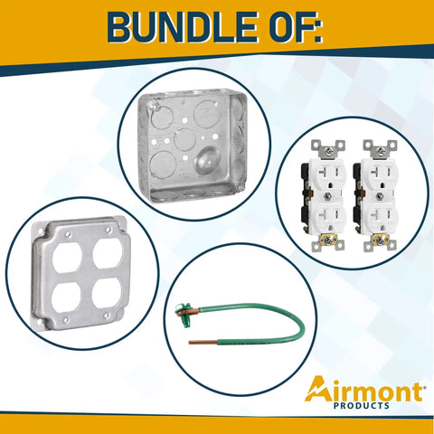 All In One 4x4 Metal Outlet Box Kit With Two Tamper Resistant 20 Amp Duplex Receptacles, 4x4 Cover, Sixteen Knockouts