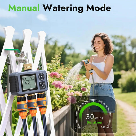Water Timer With Brass Inlet For Outdoor Hose 3 Independent Zones Auto Manual Rain Delay IPX5 Waterproof Sprinkler Controller in use