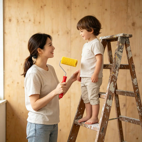 Woman on ladder playfully holding a yellow roller from 10 Pack 4 Inch Foam Paint Roller Kit With Heavy Duty Spring Handles For Smooth Rollouts And Clean Edge Trimming Ideal For Latex Or Oil Based Coatings On Interior Walls.