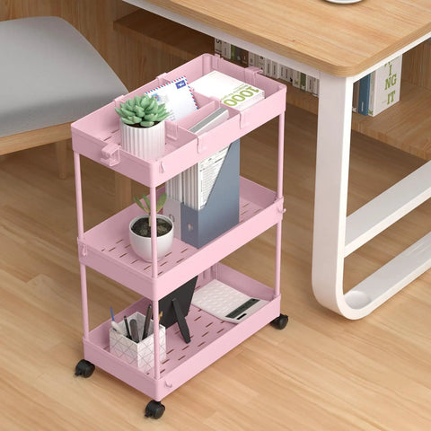 Three Tier Rolling Cart With Wheels Storage Organizer With Casters 3 Hanging Baskets Easy Assembly Perfect For Kitchen Office Living Room Laundry Pink next to desk