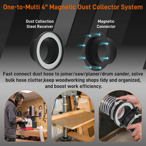 Magnetic dust collection fittings system for 4-inch and 2.5-inch hoses with magnetic connector and steel receiver.