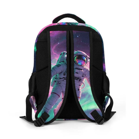 Back view of Galactic Swirl Spaceman Printed Dope Unisex Backpack with padded straps and colorful astronaut design.
