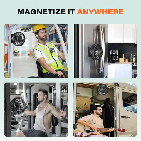 Rechargeable Golf Cart Fan With Magnetic Base And 360 Degree Rotating Head used in various locations for portable cooling