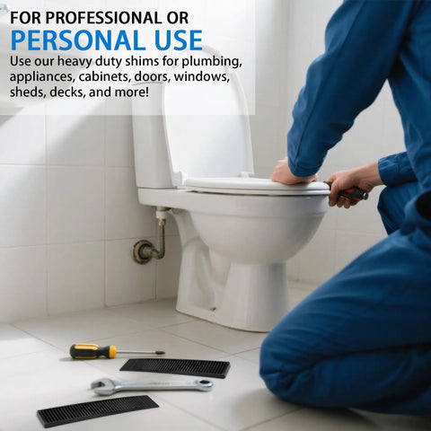 Composite Wedge Shims 7.75 Inch, 12 Pack, used for toilet installation, visible are heavy duty plastic leveling shims.