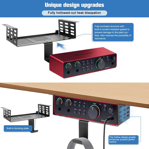 Heavy Duty Under Desk Mount For Scarlett 2i2 4th Gen with adjustable headphone hanger and vibration-reducing bracket in use