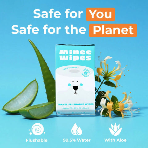 Ultra Compact Travel Flushable Wipes With 99.5 Percent Water And Aloe, Hypoallergenic packaging with aloe and flowers