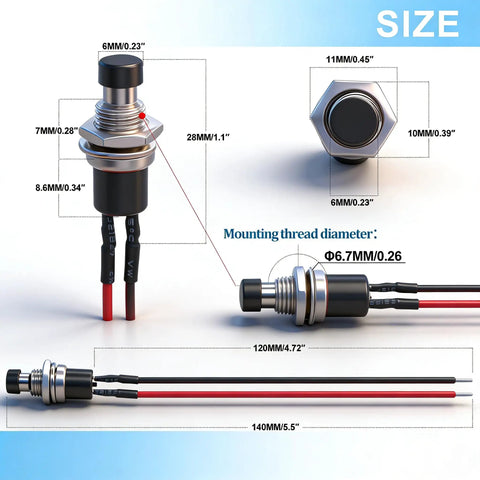 Momentary Push Button Switch 2 Pin SPST Normally Open Mini Round 7mm Black Button with pre-soldered wires, size guide