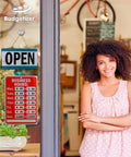 Open Sign Bundle With Business Hours Clock, Double Sided Open Closed Sign, displayed on store window next to smiling woman.