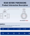 Diagram showing dimensions and parameters for Two Pack 3/8 Inch Stainless Steel Ball Valves NPT Female Full Port With Locking Handle Heavy Duty.