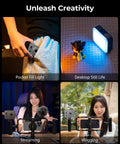 Vibe P96 Pro LED Video Light For Camera in pocket, on desk, used for streaming and vlogging setups.