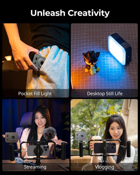 Vibe P96 Pro LED Video Light For Camera in pocket, on desk, used for streaming and vlogging setups.