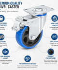 Four Inch Heavy Duty Caster Wheels Set Of Four Featuring Dual Locking Brakes And Super Smooth Polyurethane Rollers For Quiet Garage Haulin Badass Equipment Rolling Up To 2200 Lbs Capacity With Free Mounting Hardware Included showing a swivel caster with dual locking.