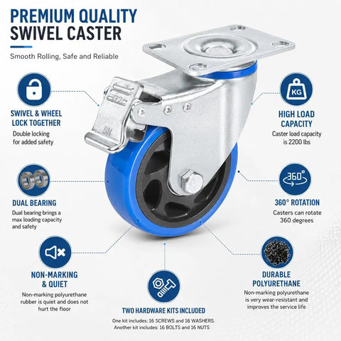 Four Inch Heavy Duty Caster Wheels Set Of Four Featuring Dual Locking Brakes And Super Smooth Polyurethane Rollers For Quiet Garage Haulin Badass Equipment Rolling Up To 2200 Lbs Capacity With Free Mounting Hardware Included showing a swivel caster with dual locking.
