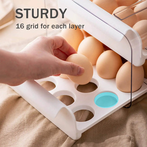 Big Capacity Fridge Egg Organizer With 2 Stackable Clear Trays Holds Up To 32 Eggs Easy Grab Handles Durable Plastic Storage Bin