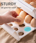 Person using Double Layer Egg Holder For Refrigerator Large Capacity Egg Storage Container With Clear See Through Plastic Holds 32 Jumbo Eggs Easy Organizer For Fresh Kitchen