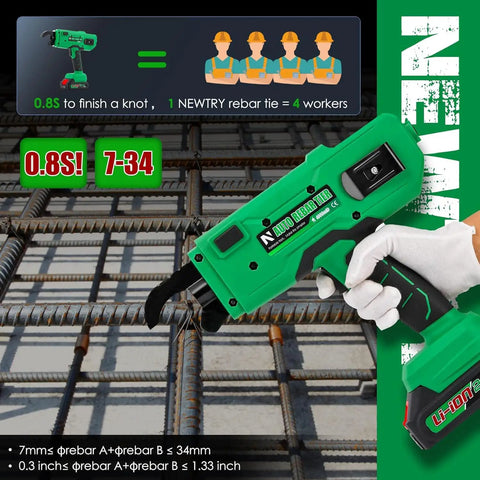 Heavy Duty Cordless Rebar Tying Gun With Auto Wire Feeding For Rapid Steel Tie Work, showing ergonomics and features on rebar grids.
