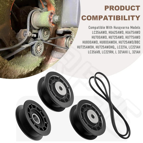 Durable AWD Belt Repair Kit For Husqvarna Mowers And Trimmers with pulley wheels and belt shown in installation context