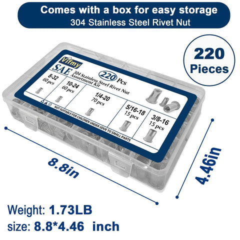 Beefy Stainless Steel Rivet Nut Assortment Kit 220 Pieces With Five SAE Sizes Including Eight-32 Ten-24 One Quarter Twenty