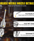 Close-up of 9 Piece Grease Gun Accessory Kit with bent and straight needle tips, fine needle tips, 1/8-27 NPT threads, universal top.