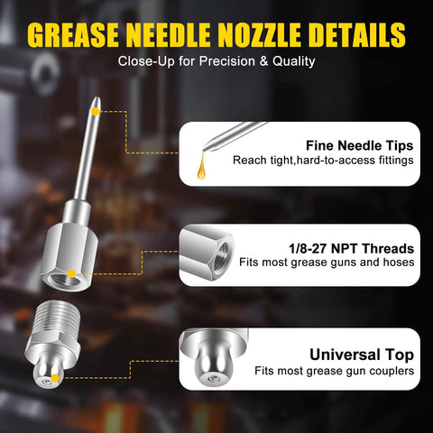 Close-up of 9 Piece Grease Gun Accessory Kit with bent and straight needle tips, fine needle tips, 1/8-27 NPT threads, universal top.