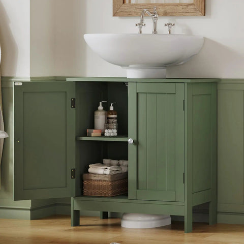Slick U Shaped Under Bathroom Sink Cabinet With Two Smooth Doors And Nifty Open Shelf To Dodge Pesky Plumbing Pipes And Stash Cleaners In Modern Green Space Saver