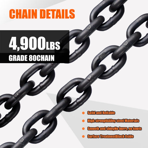 Close-up of Transport Binder Chain Five Sixteenth Inch By Ten Foot Grade 80 Alloy With Clevis Grab Hooks, 4900 lbs SWL, black oxide finish