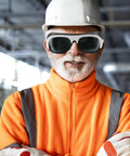 Heavy Duty Anti Scratch Welding Safety Glasses 10 Pack Clear Lens Eye Protection For Grinding Metal Fabrication And Drop Proof Shop Gear Built Hard To Handle The Abuse worn by a worker in an orange jacket.