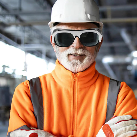 Kickass Welding Safety Glasses Featuring Wide Side Coverage And Mask Compatible Design For Total Eye Protection With Ridiculously Comfortable Fit Guaranteed worn by a smiling man in a hard hat