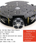 3WD omni-wheel robot chassis kit with 58mm nylon wheels and DC encoder motors, black 2-layer metal triangle frame