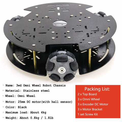 3WD omni-wheel robot chassis kit with 58mm nylon wheels and DC encoder motors, black 2-layer metal triangle frame