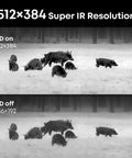 Comparison of infrared image resolution with 512x384 and 256x192, showing hogs in a field as seen through Long Range Thermal Monocular For iPhone With 13mm Lens And Tactical Handle Infrared Imager For Outdoor Hunting And Wildlife Detect Deer At 1500 Yards In Night Vision Black.
