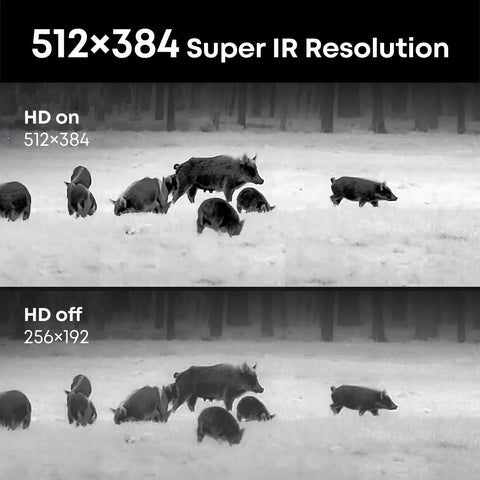 Comparison of infrared image resolution with 512x384 and 256x192, showing hogs in a field as seen through Long Range Thermal Monocular For iPhone With 13mm Lens And Tactical Handle Infrared Imager For Outdoor Hunting And Wildlife Detect Deer At 1500 Yards In Night Vision Black.