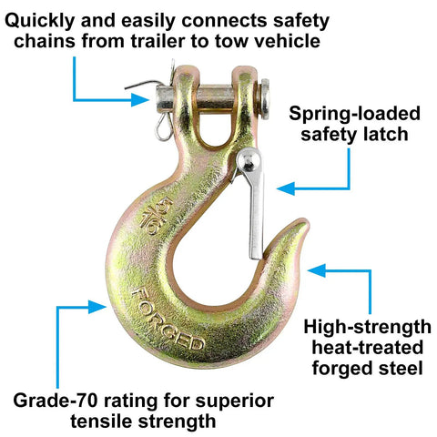 5/16 Chain Hook With Safety Latch Heavy Duty Clevis Slip Hook Grade 70 Forged Steel 14,000 Lbs Capacity Ideal For Towing, Rigging, And Industrial Construction Projects. Grade 70 forged steel clevis slip hook with spring latch