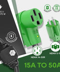 Beefy Built Tough Overload Protector 50 Amp to 110 Volt RV Adapter Cord With Circuit Breaker, NEMA 5-15P to NEMA 14-50R, LED Power Indicator in green