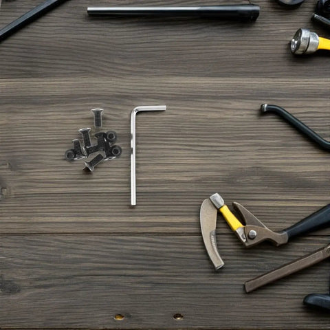 Electric Scooter Front Head Screw Set With Hex Key Stainless Steel Black Hardware on wooden surface with tools.