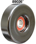 Hella Durable Industrial Tension Pulley Real Deal Replacement for smooth engine operation with gray steel finish and red bearing.