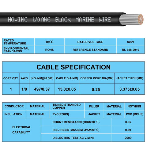 One Zero AWG Battery Cable For Marine, Automotive, Solar And Welding Use, Heavy Duty Copper Wire, Tin Coated For Saltwater Corrosion Resistance, 600V Rated, Pure Copper Marine Grade Wire For Generator And Power Systems. Black 1/0 AWG tinned copper cable