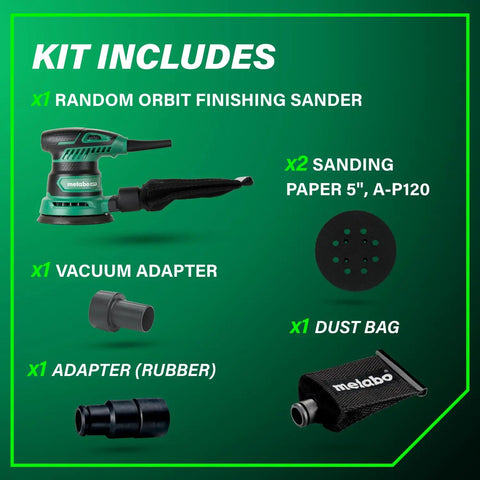 Kit contents with 5 Inch Random Orbit Finishing Sander With Variable Speed And Palm Size Comfort Grip 230W Motor 9000 To 13000 RPM Dust Collection Hose Connector Lightweight Pro Grade Sander For Woodworking And Carpentry, vacuum adapter, rubber adapter, sanding paper, and dust bag.