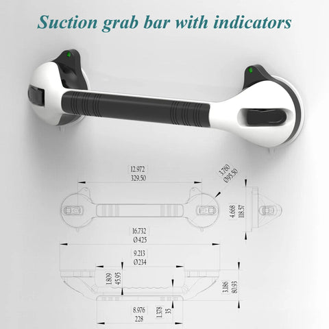 Suction Shower Grab Bar Set With Indicators No Drill Install 17 Inch Long Bathroom Balance Support Non Slip Grip For Tub And Toilet White And Gray Pack Of 2, shown with grip and measurements.