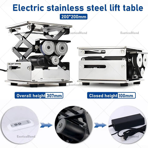 Smooth Electric Scissor Lift Table With Rockin 10kg Load And Snappy Height Adjust For Lab, Workshop Or Stage Gear Using Cool Rolling Sliding Base, showcasing stainless steel design.