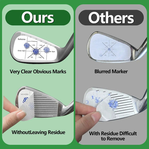 Comparison of 300 Pack Golf Impact Tape For Woods Irons And Putters No Residue Swing Practice Stickers with competitor tape.