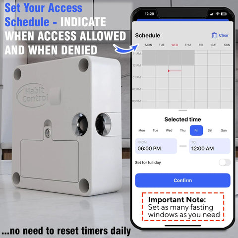 App Controlled Smart Lock For Snacks Food And Alcohol With Built In Timer And Scheduling Modes For Fridge Cabinet Or Pantry showing schedule setup on smartphone.