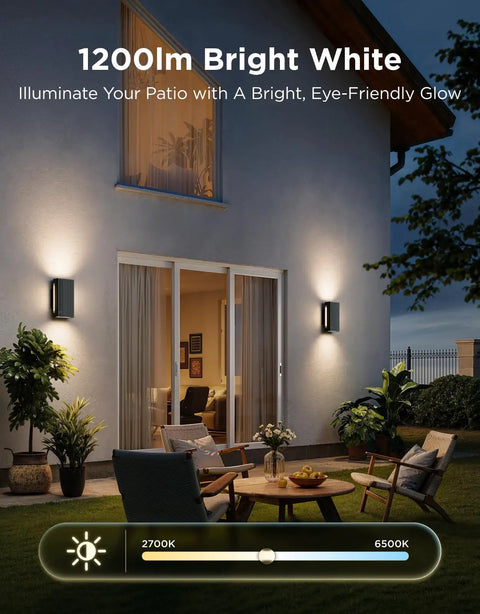 Totally Transform Your Patio With These Smart Outdoor Wall Lights Featuring Smooth Rgbicww Color Swaps And Sleek Top And Bottom Glow In A Tough 2 Pack Design Serving A Dang Good 1200 Lumen Kick For Any Front Porch Or Backyard Setup. Image shows illuminated patio with 1200 lumens wall lights.