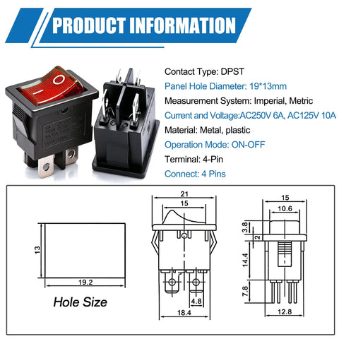 5 Pack Mini Lighted Rocker Switches 110V 120V Illuminated Snap In DPST On Off Power Switches With 4 Pins Red LED Light For Household Appliances And Industrial Gear MXU1-4-201NR, black switch and dimensions chart
